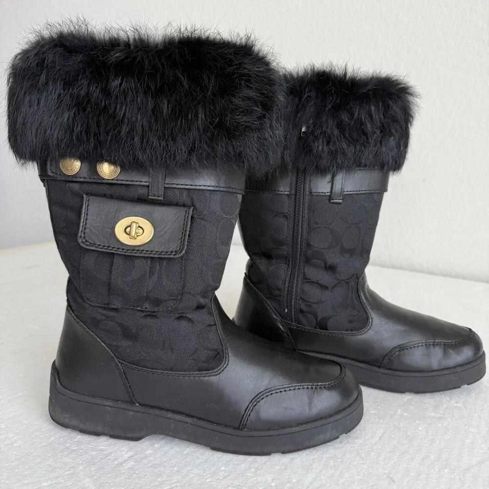 Coach Kimberly Fur Boots Women's 9M Black Leather Fabric Logo Pocket Side Zipper - Picture 12 of 16